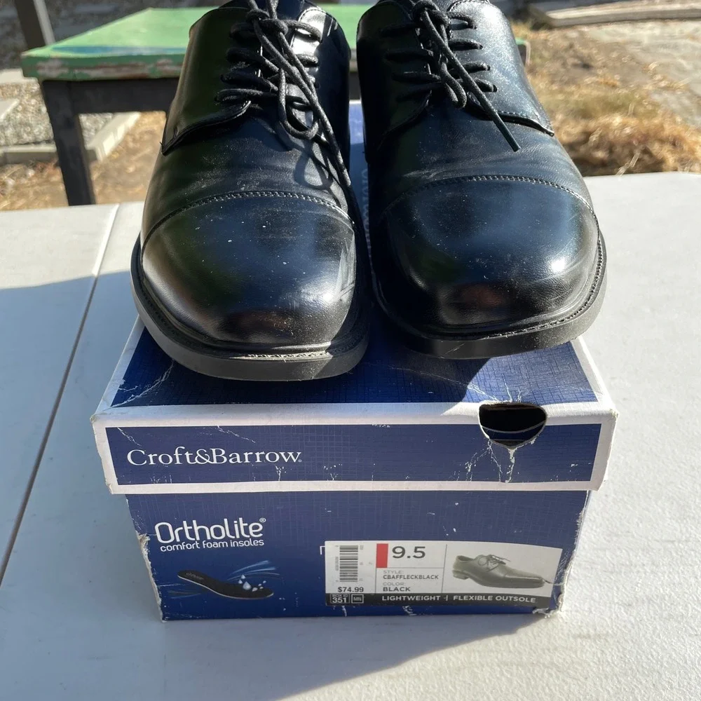 Croft&Barrow Cap Toe Oxford Mens 9.5 Black Formal Ortholite CBAFFLECKBLACK